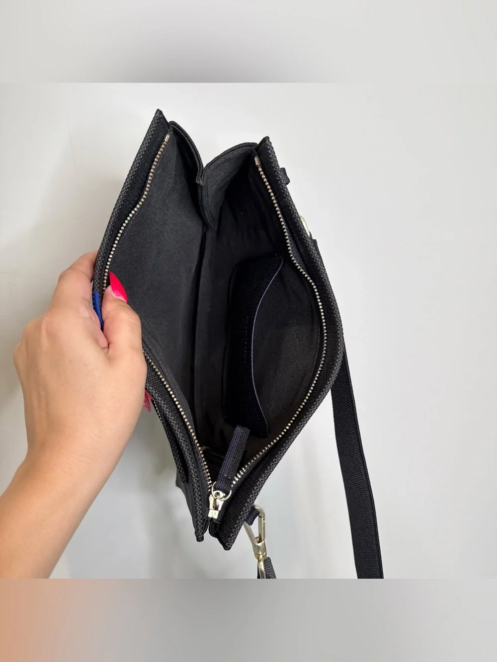 Rothy’s dark gray and blue fabric crossbody clutch or shoulder bag